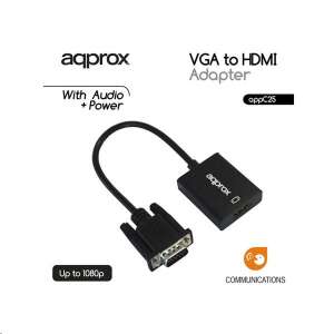 Approx VGA -&gt; HDMI adapter hanggal és tápellátással, fekete, 1080p - VGA átalakító