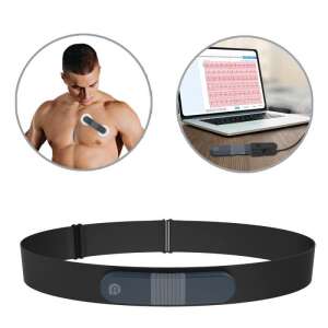 Viatom ER1 24H EKG Holter mellkas heveder, férfi viseli, laptophoz csatlakoztatva, EKG grafikon - Szív diagnosztikai eszköz