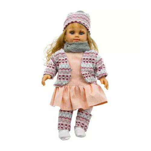 Éneklő és beszélő baba hajjal, sapkában és kabátban, 38x20x10 cm