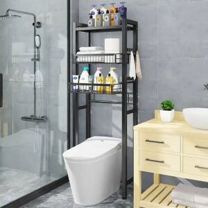 Quasar & Co. black metal over-the-toilet storage shelf with three shelves and sliding baskets in bathroom setting - Shelve