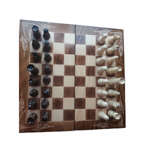Set de șah din lemn cu figurine sculptate și un design floral pe cutie, 44x44 cm tablă de șah din fag cutie backgammon dame joc - maro - Domino, șah