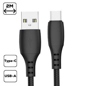 2 metrový čierny USB-A na Type-C dátový a nabíjací kábel - USB káble