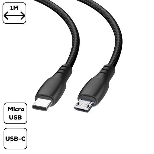 1 méteres Type C - Micro USB töltőkábel, fekete, gyors töltés - Cellect