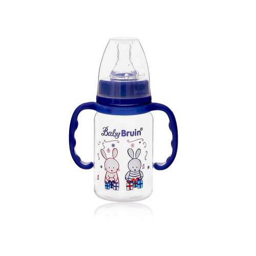 Baby Bruin 120ml polypropylene baby bottle with handles, blue color, bunny design