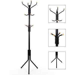 Collage of images showing the black metal coat rack from different angles - Standing hanger