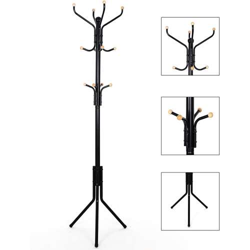 Collage of images showing the black metal coat rack from different angles