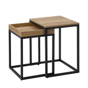 Sada dvoch zasúvacích stolíkov s rustikálnymi medovo hnedými drevenými doskami a čiernymi kovovými rámami. - Nočné stolíky