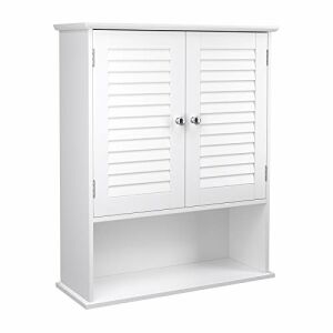 VASAGLE Dulap de baie alb, montat pe perete, cu uși cu jaluzele și raft deschis - Dulap de baie