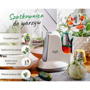 Krajalnica do warzyw Adler AD 4815, kolaż przedstawiający produkt z różnymi końcówkami i przykładami zastosowań - Krajalnica ręczna