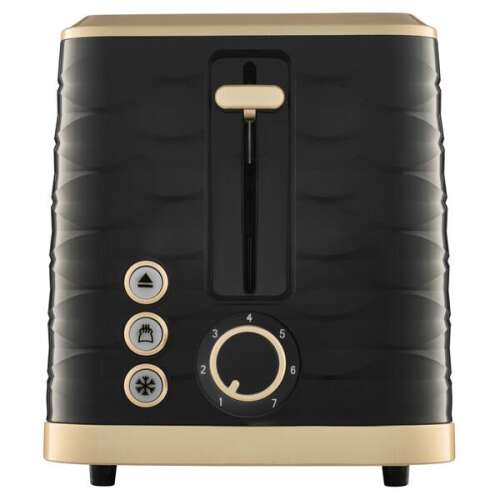 Sencor STS 7501BK toaster, black with gold accents, front view, showing controls