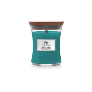 Woodwick Juniper & Spruce Illatgyertya, 275g, Túrkék Üveg Jar Fa Fedővel - WoodWick