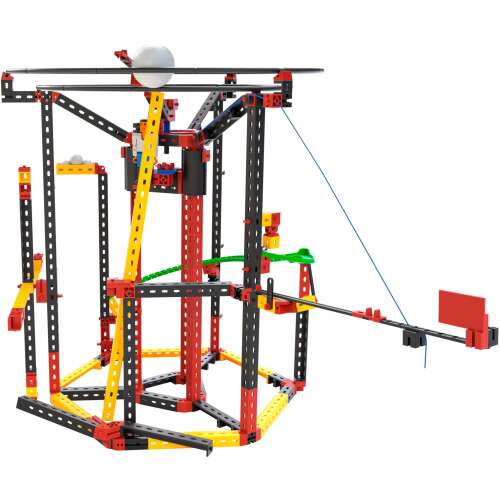 Fischertechnik Funny Reactions 682 piece construction set, built as a complex ball track with multiple levels and a windmill