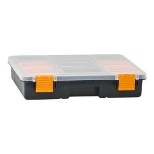 Cutie organizator profesională Handy, 10962, neagră cu accente portocalii, capac transparent, 3 compartimente mari, 6 compartimente mici, 2 tăvi detașabile - Organizatori de scule și piese