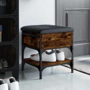 vidaXL cipőtároló pad fekete párnázott üléssel és barna fa tetejével, fém váz, 2 polc cipőknek - Előszoba bútor