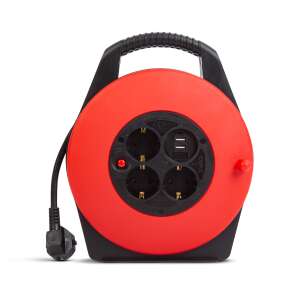 Handy 10m tambur cu 3 prize și 2 porturi USB, roșu și negru, vedere din față - Prelungitoare