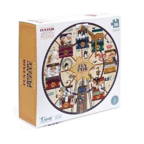 Londji Funfair Round Puzzle, 36 pieces, round puzzle for kids, colorful illustration of a funfair