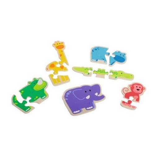 Beleduc Happy Animals wooden puzzle for toddlers, 6 animal puzzles with 3 pieces each