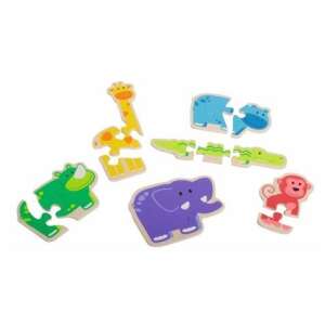 Beleduc Happy Animals puzzle din lemn pentru bebeluși, 6 puzzle-uri cu animale cu câte 3 piese - Puzzle pentru copii