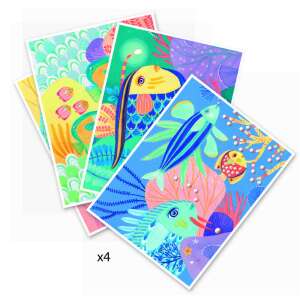 Djeco Underwater Art Set with 4 pre-illustrated boards, 5 felt tip pens, 2-ended brush, 1 brush pen, 1 bottle of glitter glue, instructions - Writing Tool Set