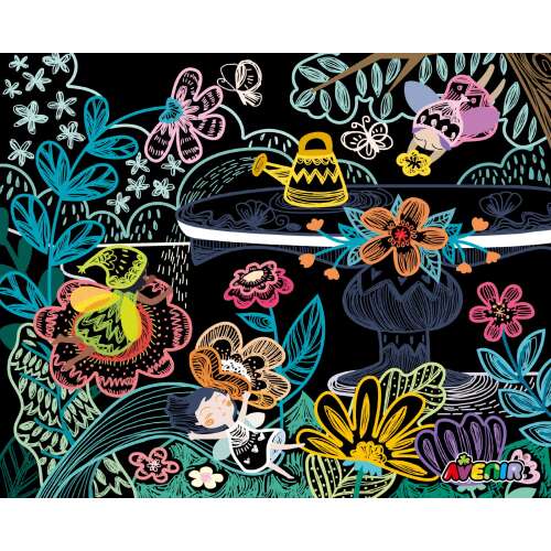 Avenir Scratch Fairies in the Garden, zestaw do rysowania techniką scratch z czarną powierzchnią i kolorowymi wróżkami, kwiatami i elementami ogrodowymi