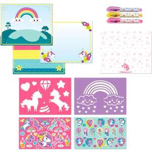 Zawartość Książki z aktywnościami dla projektantów jednorożców: szablony, naklejki, długopisy żelowe i arkusze do rysowania - Książka dla dzieci i młodzieży