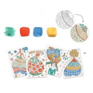 Djeco Watercolor Magic Art Set with 4 cards to color with flowers and a girl in a dress - Writing Tool Set
