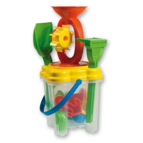 Rhodes Androni Giocattoli sand play set, colorful bucket with shovel, rake, molds, and windmill