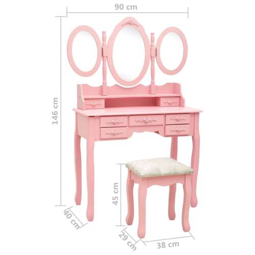 vidaXL rózsaszín fésülködőasztal ülőkével és háromrészes tükörrel 52399842