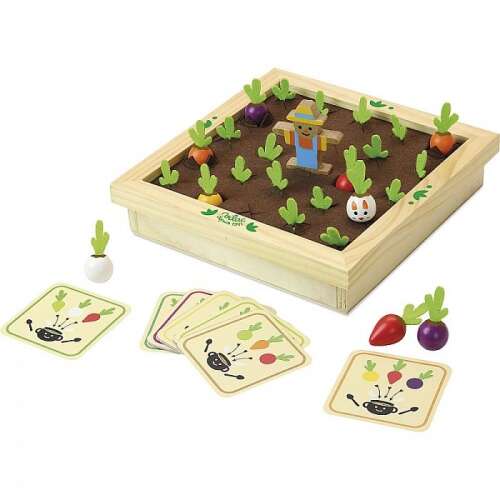Vilac Vegetable Memory Game, wooden game board with vegetables, scarecrow, and bunnies, memory game for kids