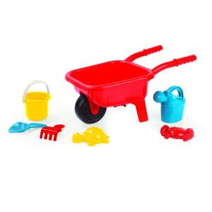 Dolu red wheelbarrow with sand toys, including a bucket, watering can, shovel, rake, turtle, and crab - Sandbox Toy