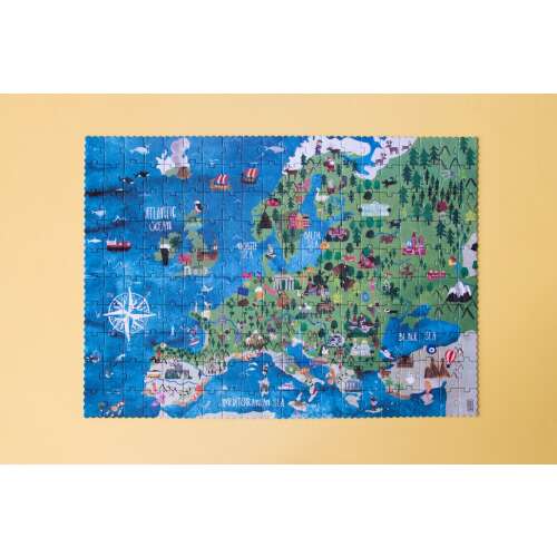 Londji Discover Europe 200 piece puzzle, a colorful map of Europe with landmarks and illustrations
