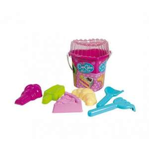 Sweet Dreams Beach Set sand toys, pink bucket with lid, shovel, rake, and 4 molds shaped like ice cream, cake, and croissant - Androni