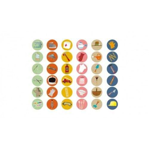 Londji Mit szeretnék lenni... társasjáték darabjai, 36 illusztrált jelző különböző szakmákkal és eszközökkel