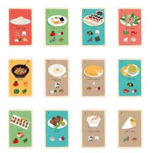 Londji A-la Cuisine card game, 12 cards showing different dishes with ingredients - Card Game