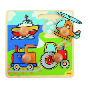 BigJigs Toys Fa Puzzle, 4 Vehicles - Wooden puzzle with a boat, helicopter, train, and tractor for toddlers - Baby Puzzle