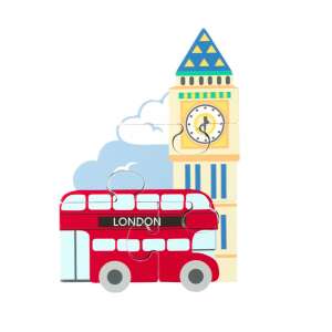 Orange Tree Toys London Bus Puzzle, a 3D wooden puzzle for toddlers featuring a red double-decker bus and Big Ben - Puzzle