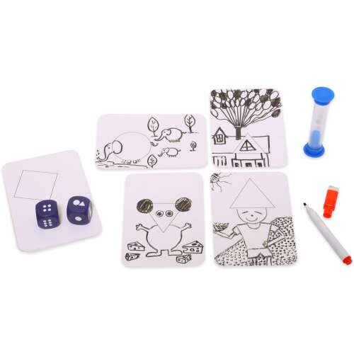 Interaktív játék – Találj ki egy történetet játék elemei: kockák, kártyák, homokóra, filctollak