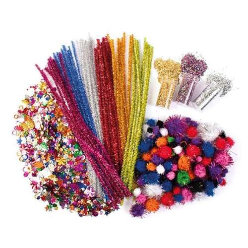 Hobbi creative craft kit with 2500 pieces, including pipe cleaners, glitter, pom poms, and sequins