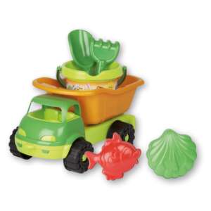 Green and orange dump truck with a bucket, shovel, rake, and two molds for sand play - Beach Item