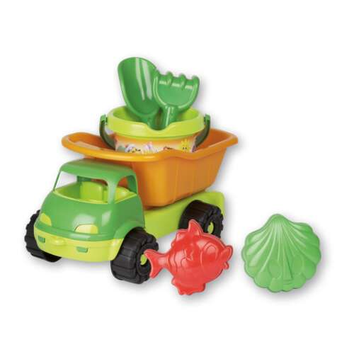 Green and orange dump truck with a bucket, shovel, rake, and two molds for sand play