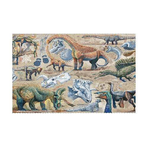 Londji Dino Explorer Puzzle mit 350 Teilen, zeigt verschiedene Dinosaurier, darunter Brontosaurus, Tyrannosaurus, Velociraptor und Gallimimus.