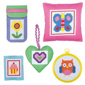 Galt Cross Stitch Case creative craft set with 5 projects: butterfly pillow, owl hoop, heart ornament, flower phone case, and cupcake bookmark - Galt