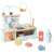 Wooden kitchen playset with multiple activities for toddlers, featuring a stove, sink, and storage compartments