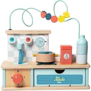Wooden kitchen playset with multiple activities for toddlers, featuring a stove, sink, and storage compartments - Interactive Kids' Toy