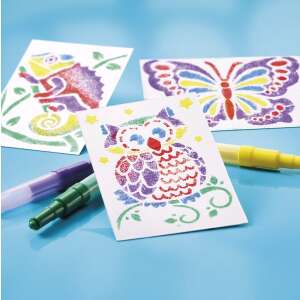 Spray pens and stencils for kids to create colorful art, featuring animal designs like an owl, butterfly, and chameleon - Totum