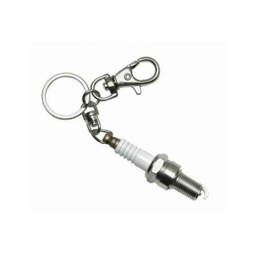 Spark plug keychain, silver and white, with a ring and a hook