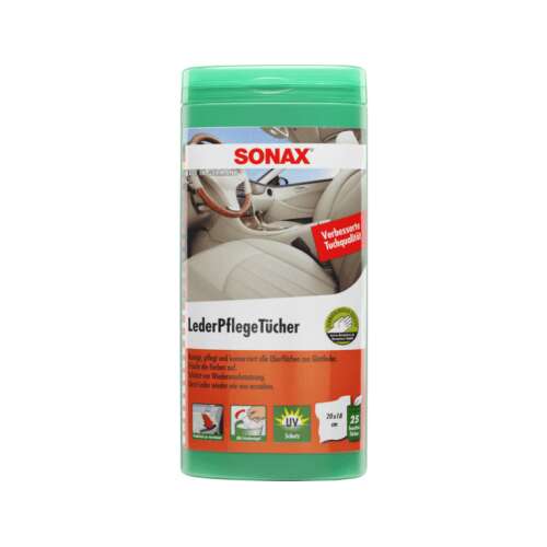 Sonax bőrápoló törlőkendők, 25 db, autók bőrfelületeinek tisztításához és ápolásához