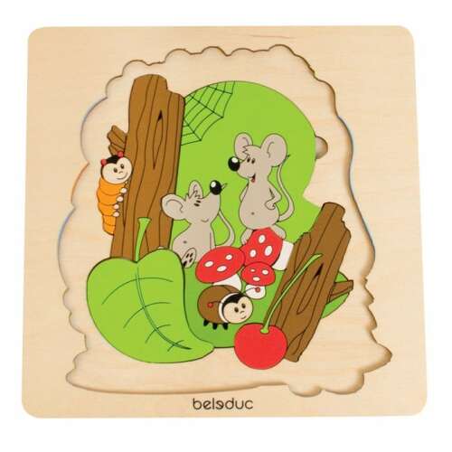 Belsduc Fedezze fel az erdőt fa puzzle egerekkel, hernyóval, katicabogárral és gombákkal - Beleduc