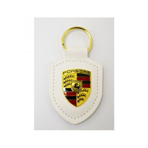 White Porsche Crest Leather Keychain