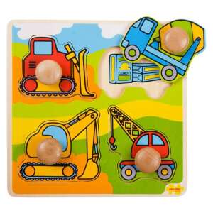 BigJigs Toys Construction Vehicles Wooden Puzzle, 4 piece puzzle with excavator, bulldozer, crane and cement truck - Baby Puzzle